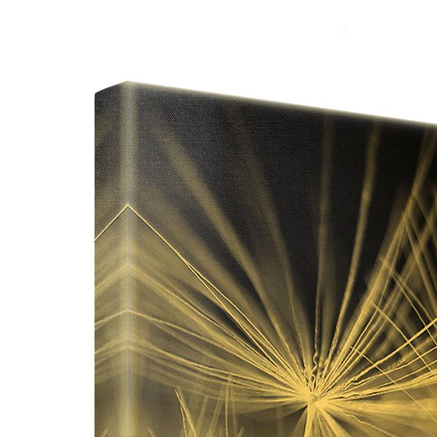 Leinwandbild Gold - Bewegte Pusteblumen Nahaufnahme auf schwarzem Hintergrund - Hochformat 2:1