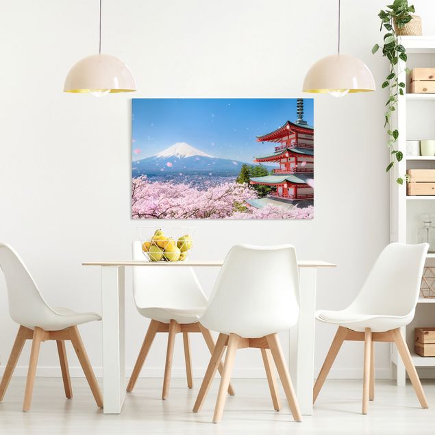 Blumenbilder auf Leinwand Chureito Pagode und Fuji