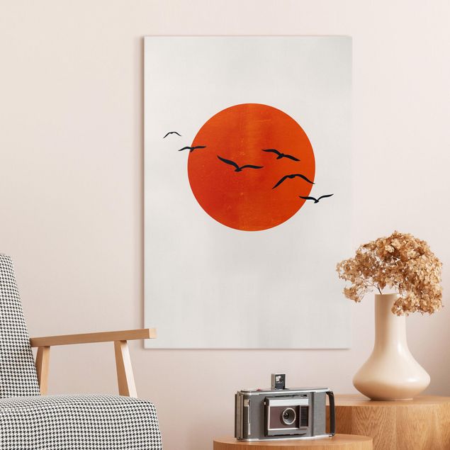 Leinwandbilder Vögel Vogelschwarm vor roter Sonne I