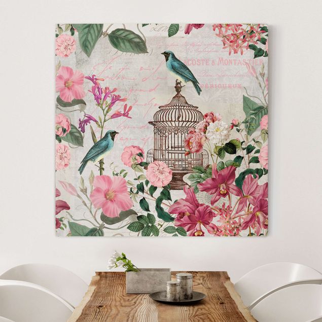 Leinwandbilder Vögel Shabby Chic Collage - Rosa Blüten und blaue Vögel