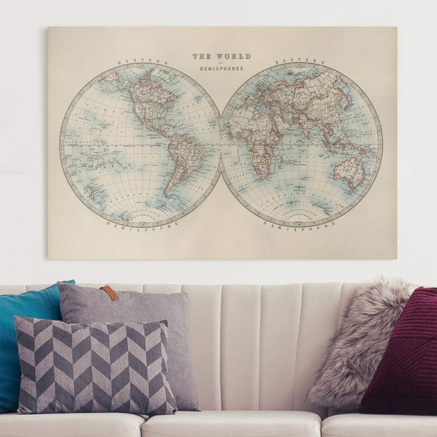 Leinwand mit Spruch Vintage Weltkarte Die zwei Hemispheren