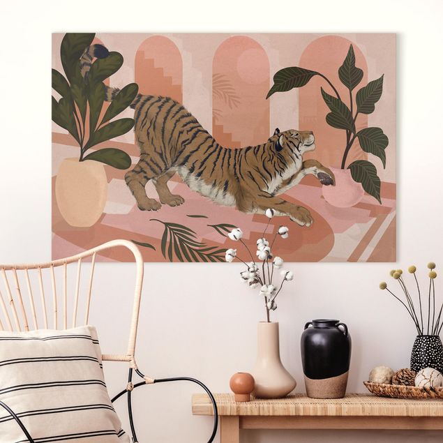 Leinwandbild Löwe Illustration Tiger in Pastell Rosa Malerei