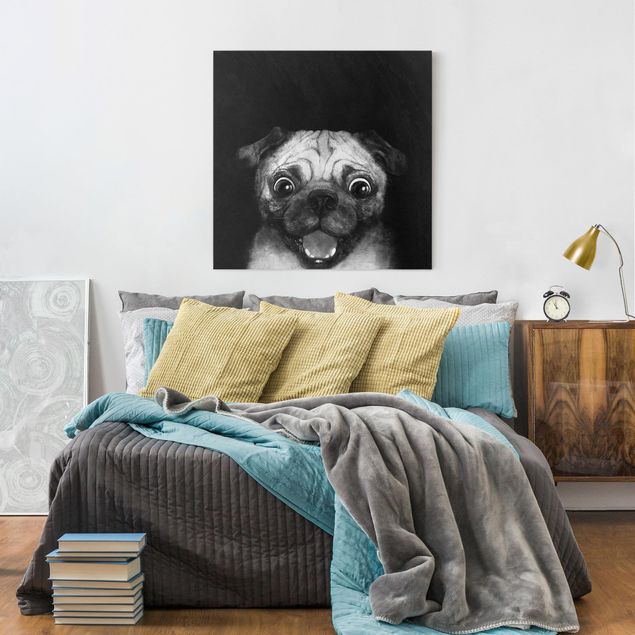 Tierbilder Leinwand Illustration Hund Mops Malerei auf Schwarz Weiß