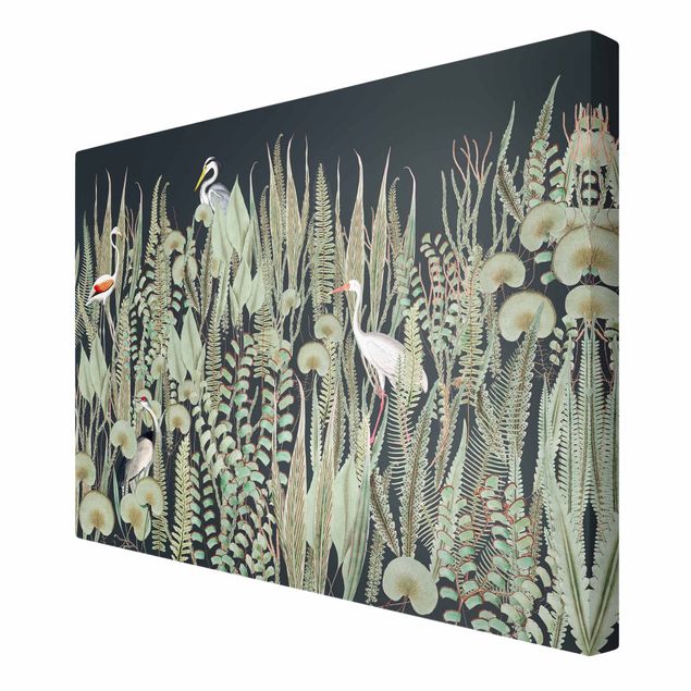 schöne Leinwandbilder Flamingo und Storch mit Pflanzen auf Grün