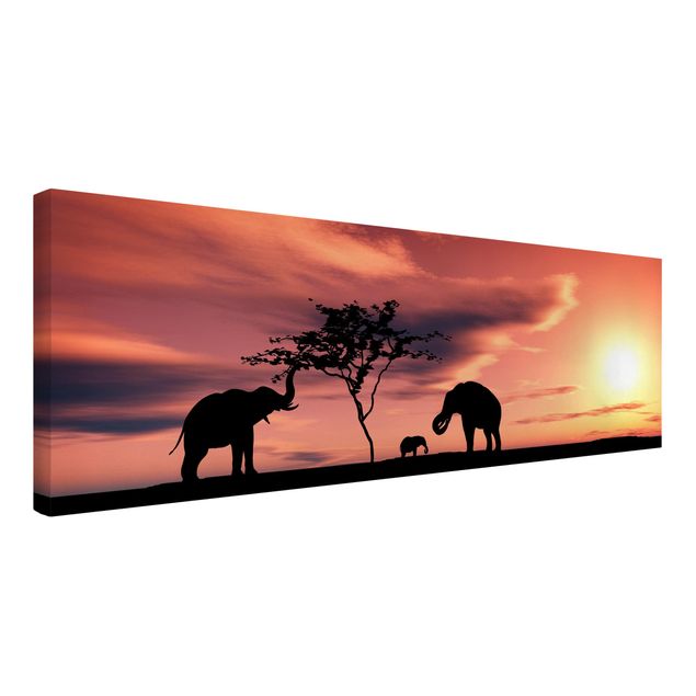 Leinwand Sonnenuntergang African Elefant Family