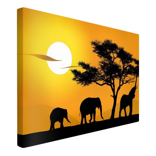 Leinwandbild Sonnenuntergang African Elefant Walk