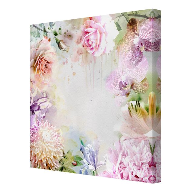 Leinwandbild - Aquarell Blütenmix Pastell - Quadrat 1:1