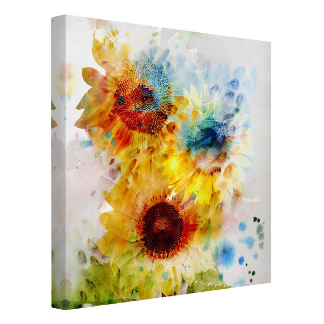 Leinwandbild - Aquarell Blumen Sonnenblumen - Quadrat 1:1