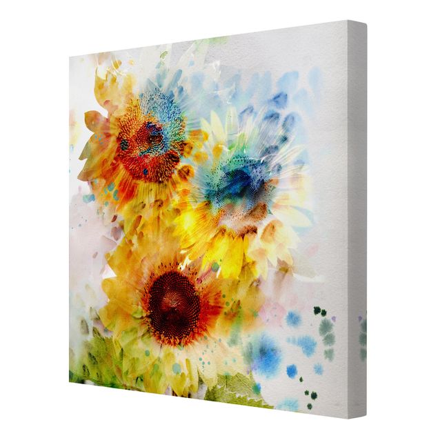 Leinwandbild - Aquarell Blumen Sonnenblumen - Quadrat 1:1