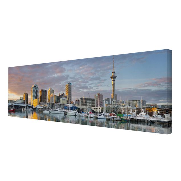 Leinwandbild - Auckland Skyline Sonnenuntergang - Panorama Quer
