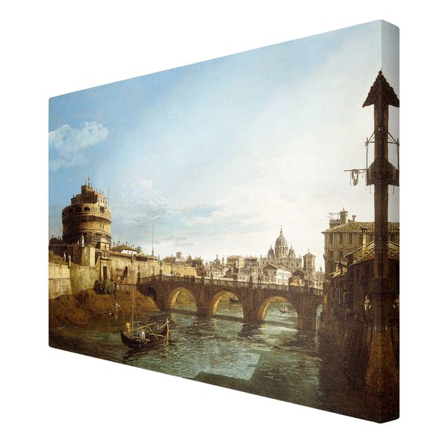 Leinwandbild - Bernardo Bellotto - Ansicht Roms in Richtung Westen, mit Booten auf dem Tiber und dem Castel Saint'Angelo in der Ferne - Quer 3:2