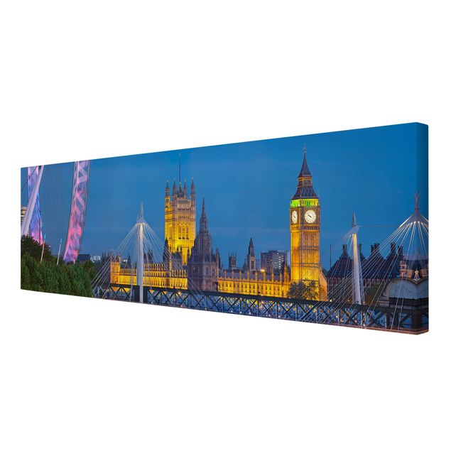 Leinwandbild - Big Ben und Westminster Palace in London bei Nacht - Panorama Quer