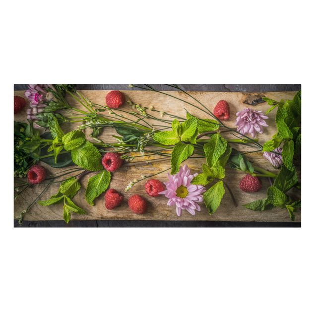 Leinwandbild - Blumen Himbeeren Minze - Quer 2:1