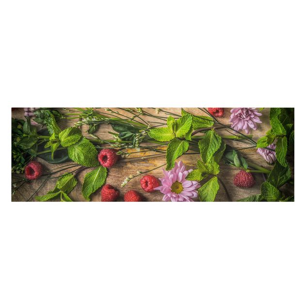 Leinwandbild - Blumen Himbeeren Minze - Panorama Quer