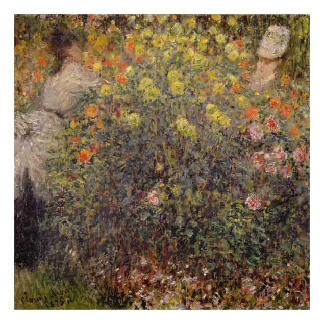 Leinwanddruck Claude Monet - Gemälde Zwei Damen im Blumengarten - Kunstdruck Quadrat 1:1 - Impressionismus