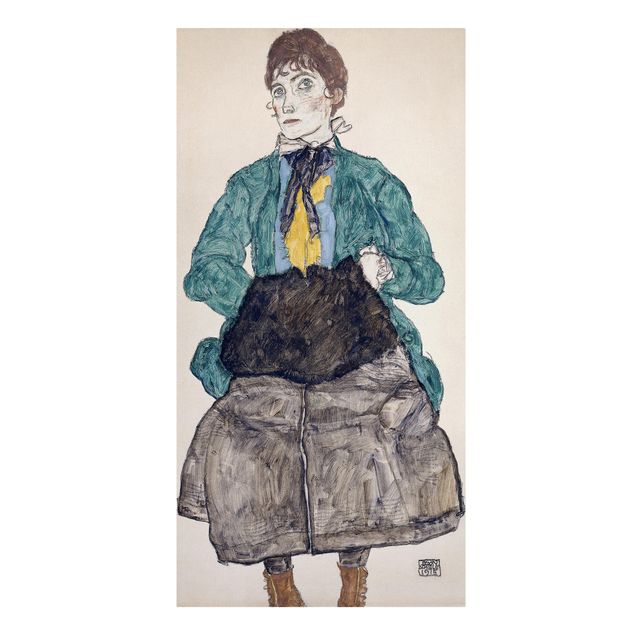 Leinwandbild - Egon Schiele - Frau in grüner Bluse mit Muff - Hoch 1:2