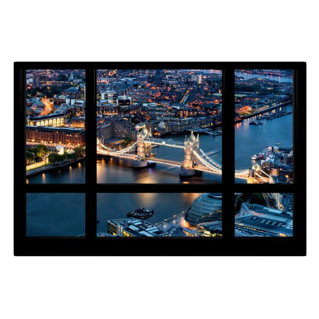 Leinwandbild - Fensterausblick auf Tower Bridge bei Nacht - Quer 3:2