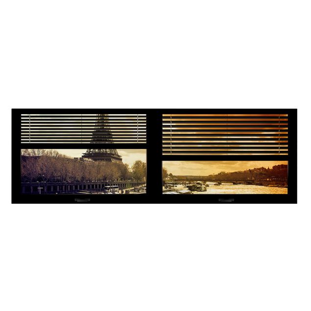 Leinwandbild - Fensterausblick Jalousie - Paris Eiffelturm Sonnenuntergang - Hoch 2:3