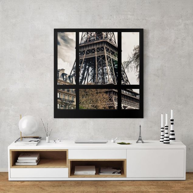 Skyline Leinwand Fensterausblick Paris - Nahe am Eiffelturm schwarz weiss