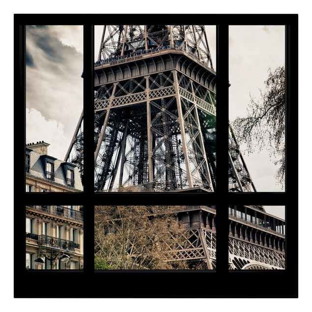 Leinwandbilder Fensterausblick Paris - Nahe am Eiffelturm schwarz weiss