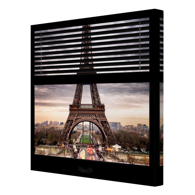 Leinwandbild - Fensterblick Jalousie - Eiffelturm Paris - Quadrat 1:1