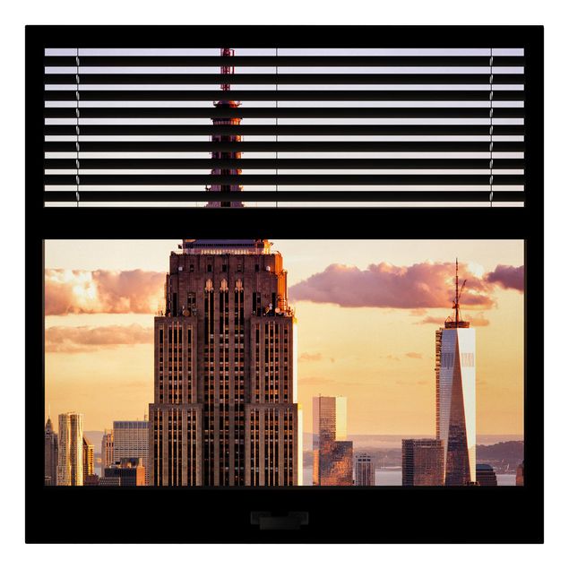 Leinwandbild - Fensterblick Jalousie - Empire State Building New York - Quadrat 1:1