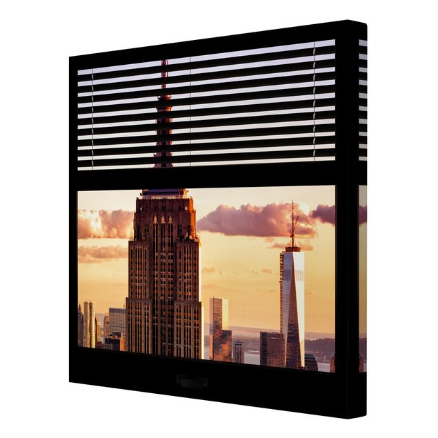 Leinwandbild - Fensterblick Jalousie - Empire State Building New York - Quadrat 1:1
