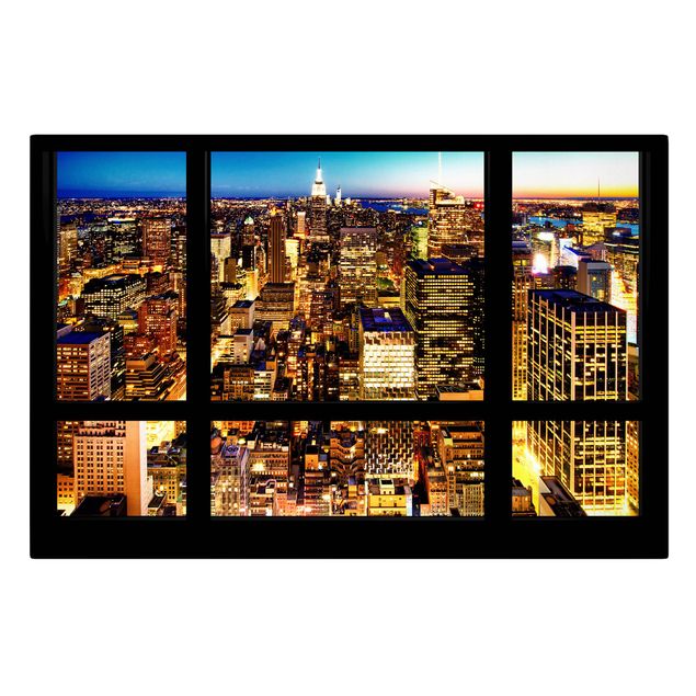 Leinwandbild - Fensterblick New York bei Nacht - Quer 3:2