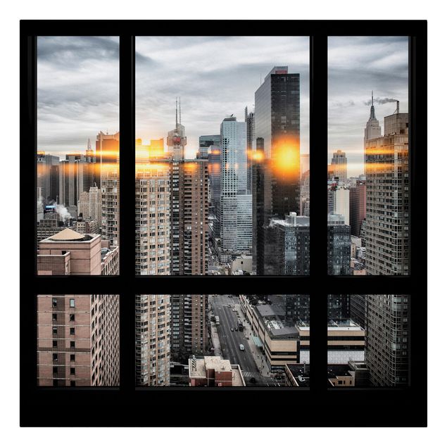 Leinwandbild - Fensterblick New York mit Sonnen-Reflexion - Quadrat 1:1