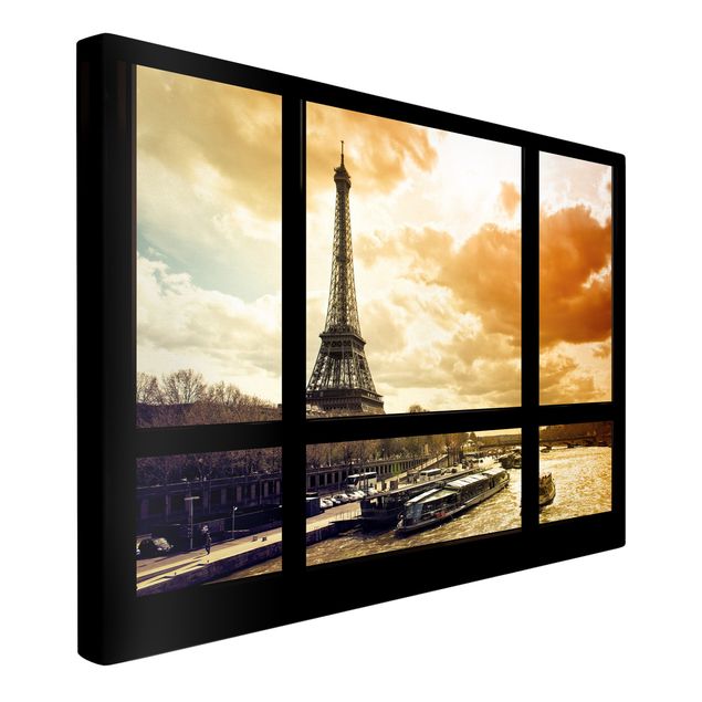 Leinwandbilder kaufen Fensterblick - Paris Eiffelturm Sonnenuntergang