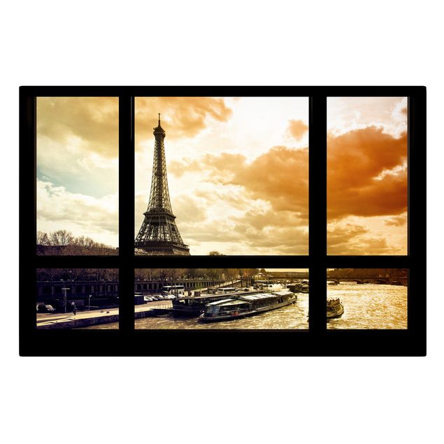 Leinwandbild - Fensterblick - Paris Eiffelturm Sonnenuntergang - Quer 3:2
