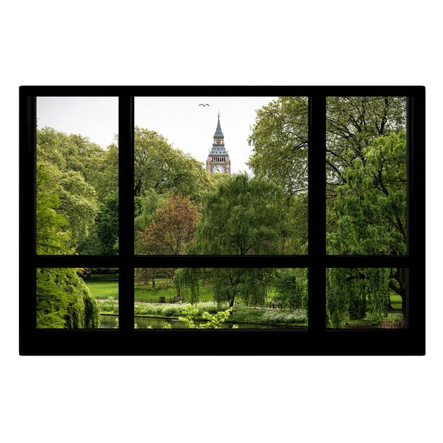 Leinwandbild - Fensterblick über St. James Park auf Big Ben - Quer 3:2