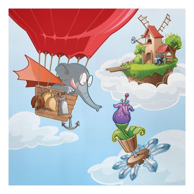 Leinwandbild - Fliegender Bauernhof Elefant in den Wolken - Quadrat 1:1