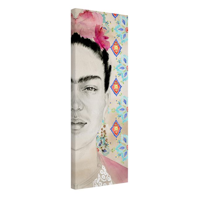Leinwandbild - Frida mit rosa Blüten I - Panorama Hochformat 3:1