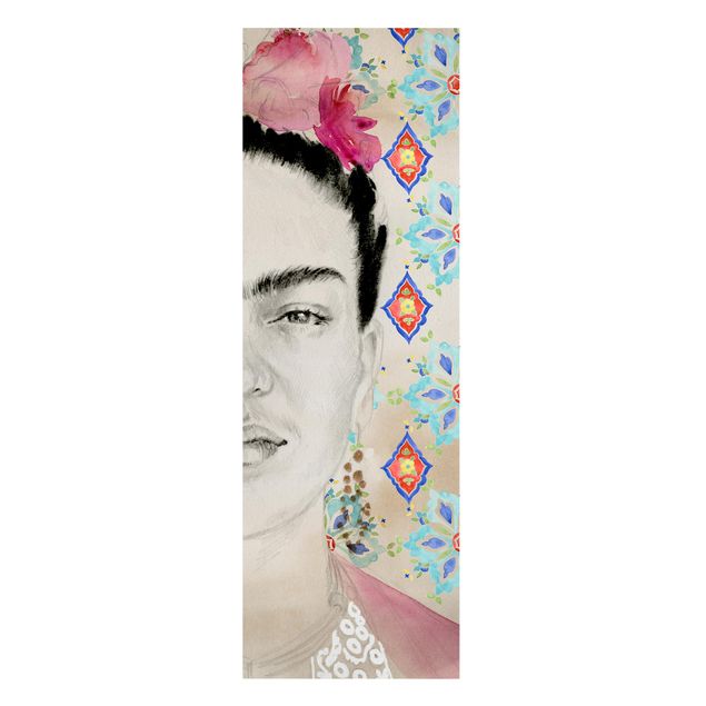Leinwandbild - Frida mit rosa Blüten I - Panorama Hochformat 3:1
