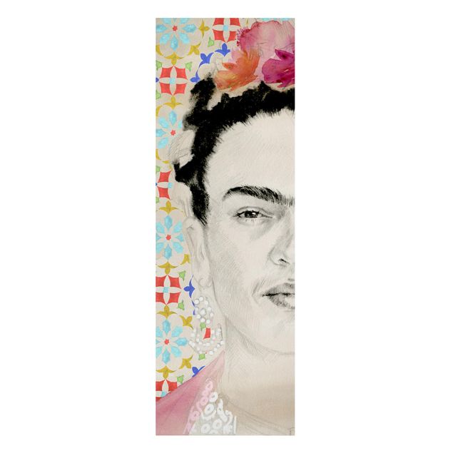 Leinwandbild - Frida mit rosa Blüten II - Panorama Hochformat 3:1