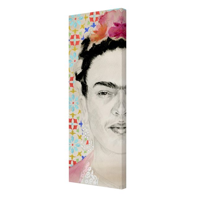 Leinwandbild - Frida mit rosa Blüten II - Panorama Hochformat 3:1
