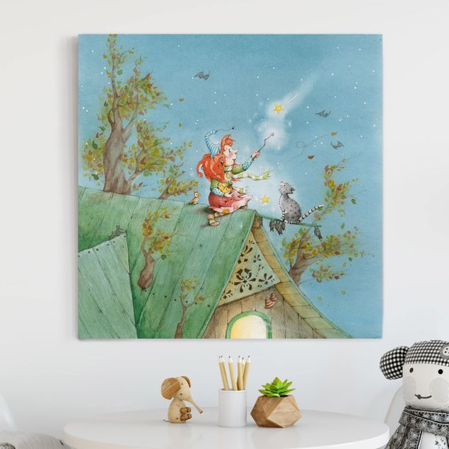Wandbilder Frida die kleine Waldhexe - Frida und Kater Pumpernickel lassen die Sterne frei