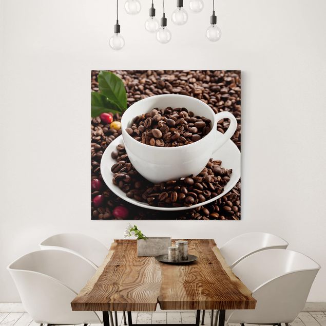 Leinwandbilder Kaffeetasse mit gerösteten Kaffeebohnen