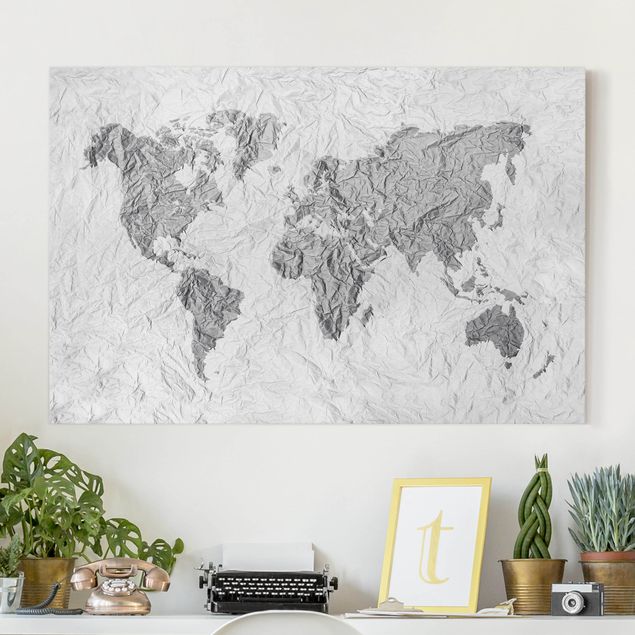 schwarz-weiß Bilder auf Leinwand Papier Weltkarte Weiß Grau