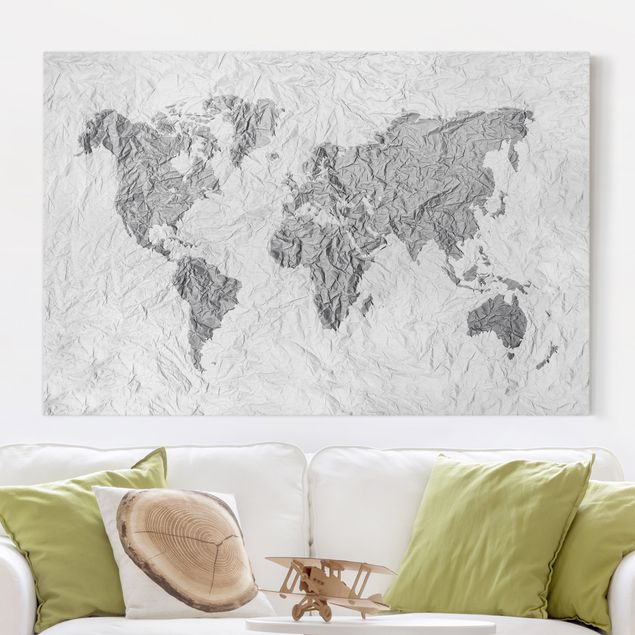 Weltkarte Leinwandbild Papier Weltkarte Weiß Grau