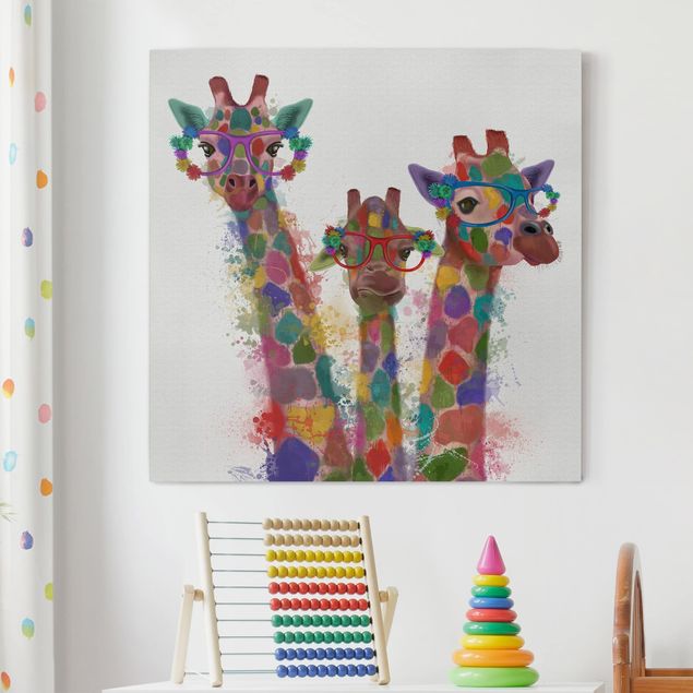 moderne Leinwandbilder Regenbogen Splash Giraffen-Trio