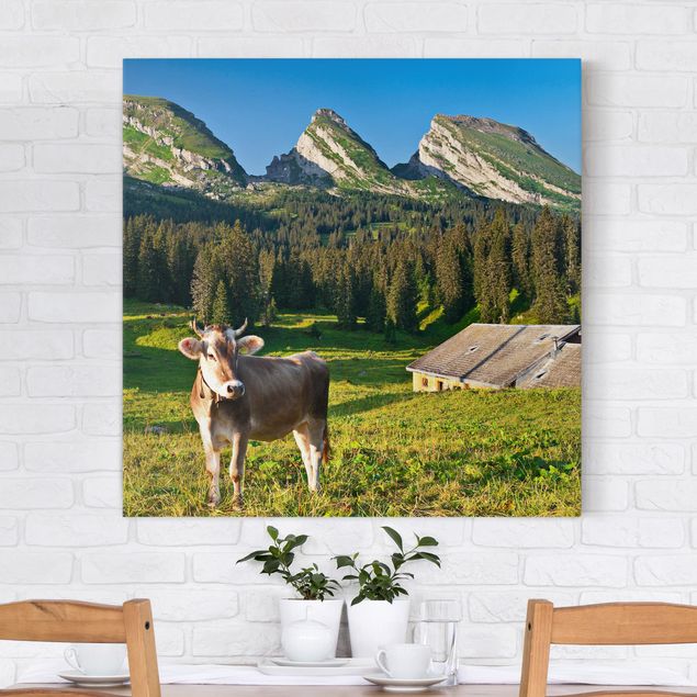 Leinwandbild Wald Schweizer Almwiese mit Kuh
