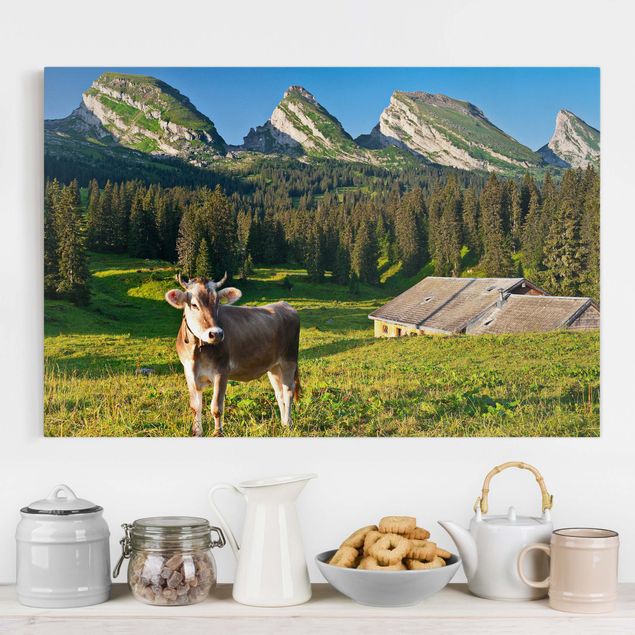 Natur Leinwand Schweizer Almwiese mit Kuh