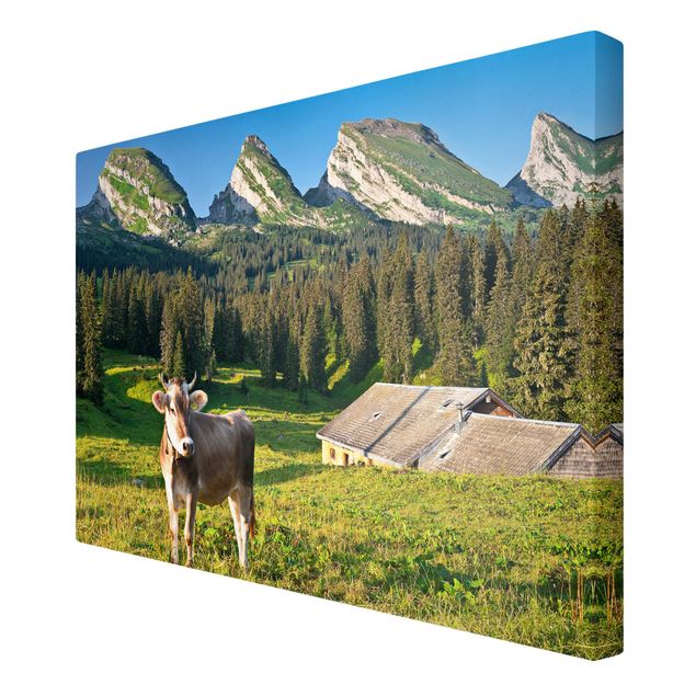 Leinwandbilder kaufen Schweizer Almwiese mit Kuh