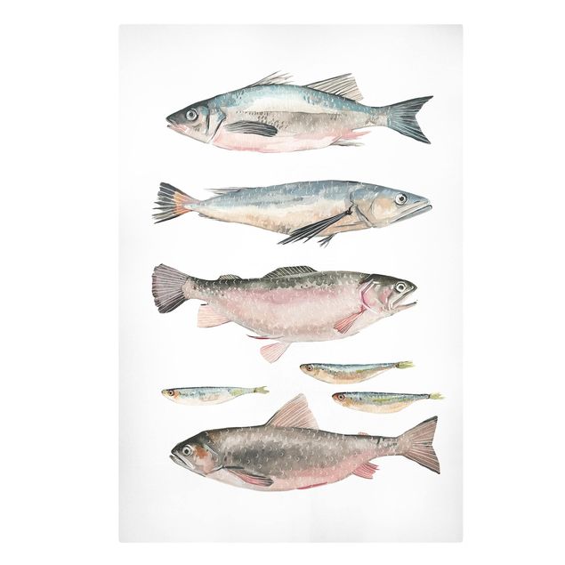 Leinwandbild - Sieben Fische in Aquarell I - Hochformat 3:2