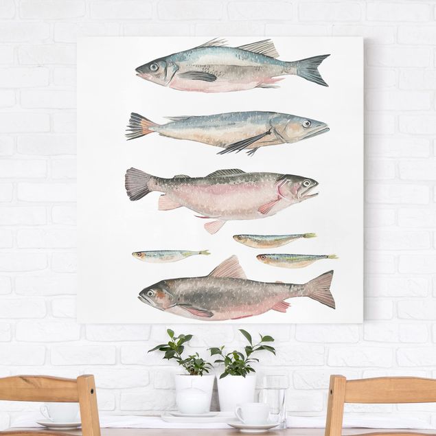 moderne Bilder auf Leinwand Sieben Fische in Aquarell I