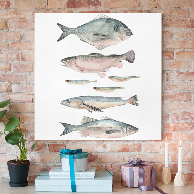 Leinwandbilder modern Sieben Fische in Aquarell II