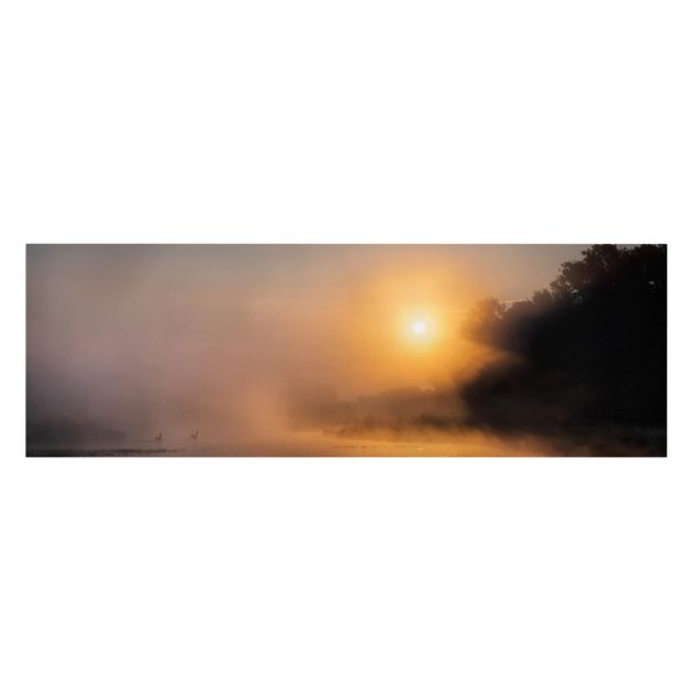 Leinwandbilder Sonnenaufgang am See mit Rehen im Nebel