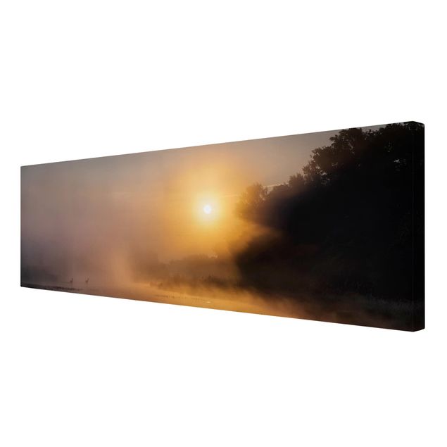 Leinwandbild - Sonnenaufgang am See mit Rehen im Nebel - Quadrat 1:1